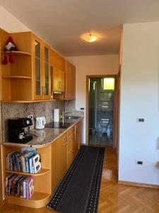 a kitchen with wooden cabinets and a kitchen rug at Apartment Brumec in Bohinj +15 photos