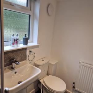 a bathroom with a toilet and a sink and a window at Welcoming ensuite bedroom in Wolverhampton