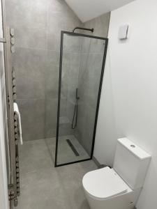 a bathroom with a shower and a toilet at Contemporary modern barn in Folkestone