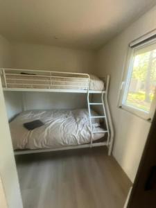 a small room with a bunk bed and a window at Luxe vakantiewoning Hellendoorn Sallandse Heuvelrug nmr 36 in Haarle