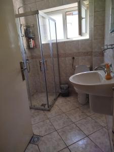 a bathroom with a shower and a toilet and a sink at Apartment "Daisy Flower" - Center, Bitola in Bitola