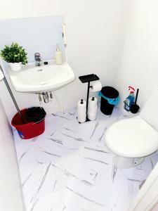 ヘルシンキにあるThe Crown Suite Helsinkiの洗面台とトイレを備えた白いバスルーム +32枚の写真