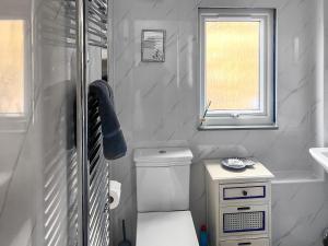 a small bathroom with a toilet and a sink at The Captains in Bettyhill
