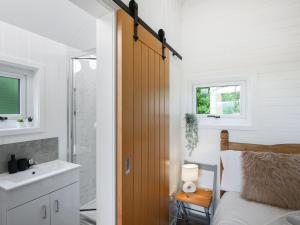 a bedroom with a bed and a sink and a mirror at Mini Lodge - Uk47682 in Montgomery