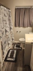 a bathroom with a toilet and mats on the floor at Spacious 3-Bedroom House in Atl in Atlanta +8 photos