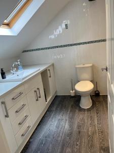 a bathroom with a toilet and a sink at Dunsdale Lodge in Frodsham