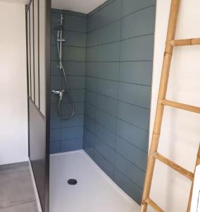 a shower in a bathroom with blue tiles at La Jeannette Sainghin-en-Mélantois in Sainghin-en-Mélantois +18 photos