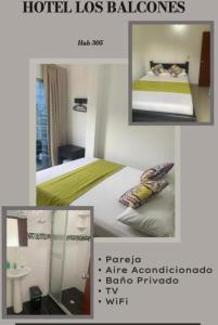 a collage of four pictures of a hotel room at Hotel Los Balcones in Doradal +1 photo