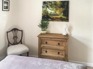 ein Schlafzimmer mit einer Kommode, einem Stuhl und einem Gemälde in der Unterkunft Teifi View in Cardigan