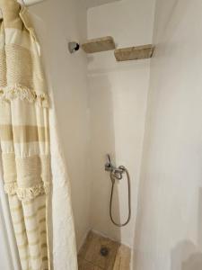 a shower curtain in a bathroom with a showerigun at Vanila Studio in Mýkonos City +7 photos