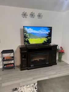 a living room with a television and a fireplace at Emmanuel Fulton Park Condominium in Tulsa