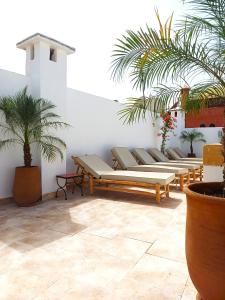 una fila de bancos en una habitación con plantas en Riad DabaKech, en Marrakech