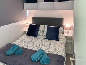 a bedroom with a bed with two blue pillows at Chalet 54 in Cromer