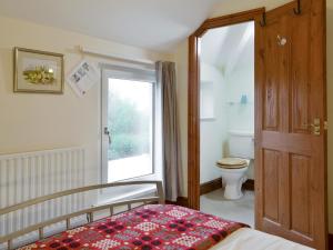 ein Schlafzimmer mit einem Bett, einem WC und einem Fenster in der Unterkunft Tirmynydd Farm Cottage in Dunvant