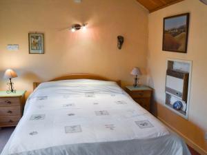 a bedroom with a bed and two night stands with lamps at Dye Mill Cottage in Moffat