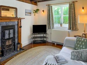 a living room with a fireplace and a tv at Forge Cottage in Stiffkey +7 photos
