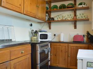 a kitchen with a stove and a microwave at Bridge Cottage in Watchet