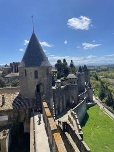 eine Person, die auf dem Dach eines Schlosses steht in der Unterkunft Proche Carcassone chambre avec salle de bain et WC privée Piscine salon et kitchenette partagés avec voyageurs in Cépie + 6 Fotos