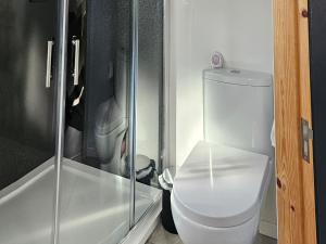 a bathroom with a toilet and a glass shower at Uist - Uk34049 in Stornoway +2 photos