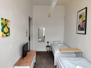 a room with two beds and a television in it at Cozy Flat at Žižkov & Free Parking in Prague