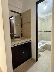 a bathroom with a sink and a toilet at Moderno y funcional Dpto cerca del casco histórico de Salta in Salta