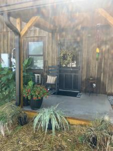 an outside view of a wooden shed with a porch at Cottage by the cabin in Springfield