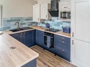a kitchen with blue cabinets and a counter top at Cuckoo Lodge - Uk42541 in Winforton