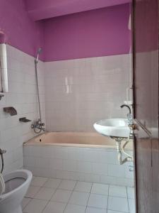 een badkamer met een bad, een wastafel en een toilet bij Hotel Fishtail Villa in Pokhara +82 foto's