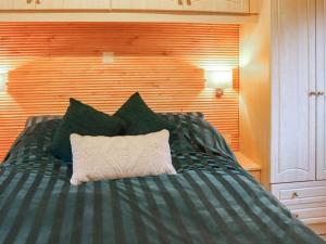un letto con lenzuola verdi e un cuscino bianco di The Lodge - Uk48785 a Llangefni