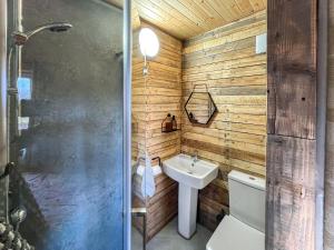 a bathroom with wooden walls and a sink and a toilet at Willow Bale Cabin - Uk49074 in Ballindalloch +10 photos