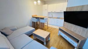 a living room with a couch and a flat screen tv at Apartamenty Bistro12 in Sokoły