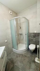a bathroom with a glass shower and a toilet at Apartamenty Bistro12 in Sokoły +9 photos