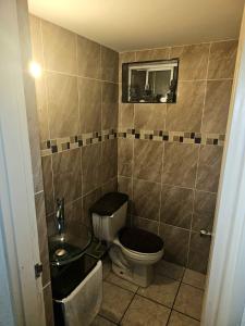 a bathroom with a toilet and a sink and a mirror at Private, centrally located, spacious and comfortable residence in Hermosillo