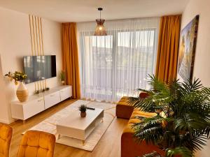 プレショフにあるA&M Apartments - brand new luxury & business apartment Solny Potokのソファとテレビのあるリビングルーム