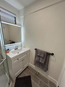 Un baño con lavabo, espejo y toallas. en Guest apartments The Comfy Nest, en Federal Way 20 fotos más