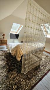 a bedroom with a bed with a glass structure at 1920s Phoenicia Bungalow with Vintage Furnishings, Sauna, Fireplace, & Fenced Backyard in Phoenicia