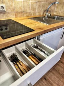 un tiroir dans une cuisine avec des ustensiles dedans dans l'établissement Apartment in Bavorská Ruda, à Bayerisch Eisenstein