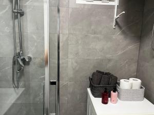 a bathroom with a shower and a toilet and a sink at Apartman Nika in Drniš