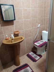 a bathroom with a sink and a toilet at Quarto para solteiro perto do aeroporto e parques in Belém +8 photos