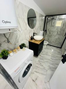 a bathroom with a washing machine and a sink at Antonia home in Târgu-Mureş