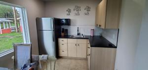 una cocina con frigorífico y fregadero en The Bungalows on Lake Griffin, en Leesburg