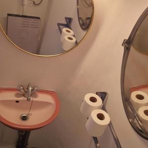 a bathroom with a sink and a mirror and rolls of toilet paper at Appartement de 50 M2 avec cuisine neuve plus terrasse de 40 m2 in Le Portel