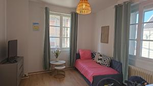 a living room with a red couch and a tv at Appartement de 50 M2 avec cuisine neuve plus terrasse de 40 m2 in Le Portel
