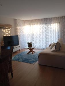 a living room with a couch and a flat screen tv at Mirante Monte e Mar in Esposende