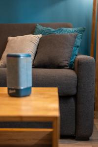 a living room with a couch and a coffee table at OFFRE octobre Le Cosy Studio, idéal pro ou couple, proche de la plage in Le Havre +30 photos
