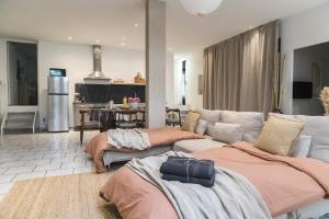 a living room with two beds and a kitchen at Loft Station Parking Video Projector near Tours in Saint-Pierre-des-Corps +62 photos