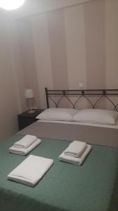 a bedroom with two beds with white towels on them at Fotini apartment in Agrinio