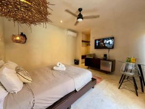 a bedroom with a bed and a flat screen tv at The Heart of the City Room 3 in Mérida +7 photos