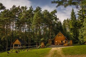 a log cabin with a playground in the woods at Smerekowiec domek w lesie z jacuzzi- Beskid Niski in Smerekowiec
