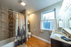 a bathroom with a shower and a sink and a window at Historic Mountain Retreat - Near Boreal - 3 Kings in Emigrant Gap +52 photos